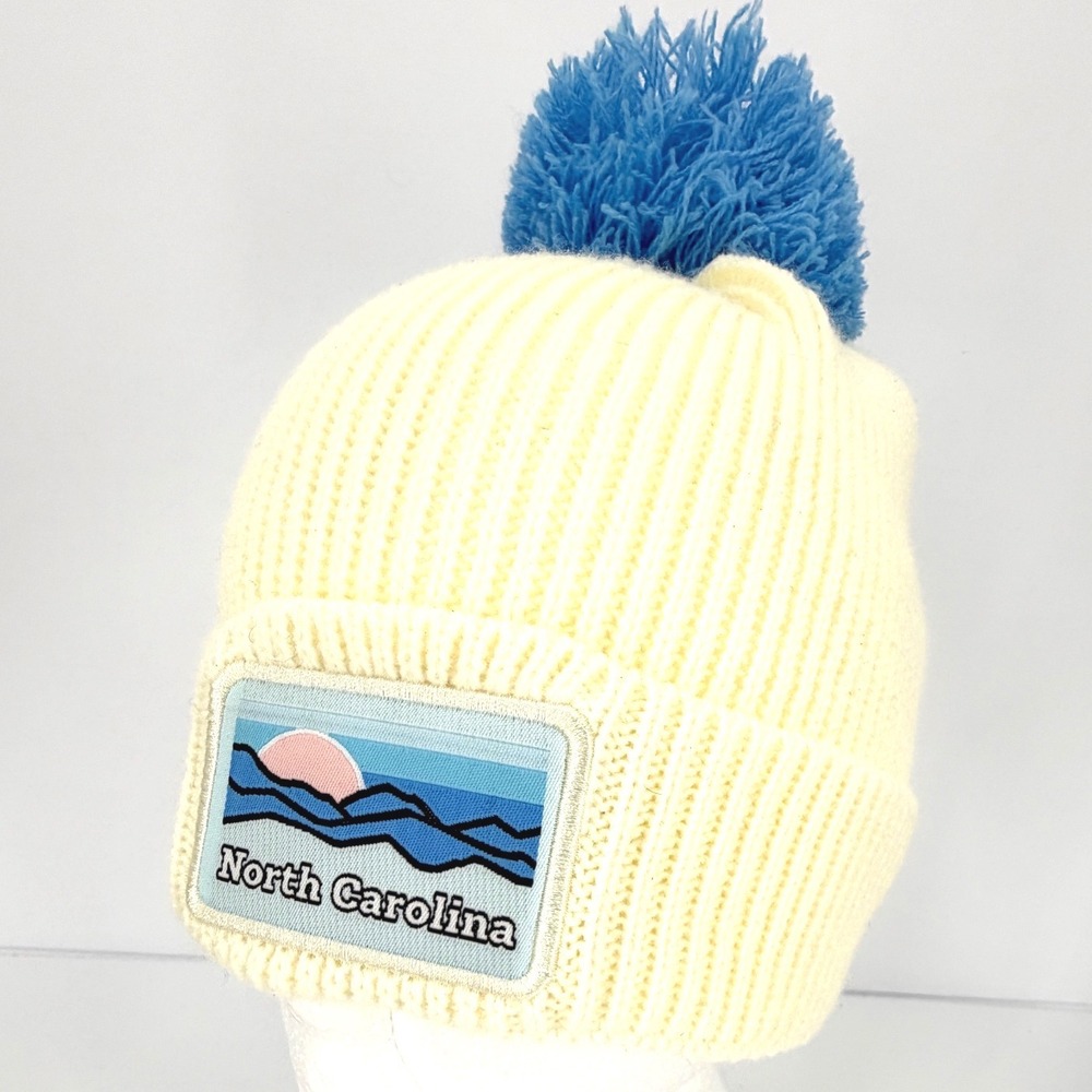 North Carolina Mountain Pom Pom Beanie Cream Blue Knit Winter Hat